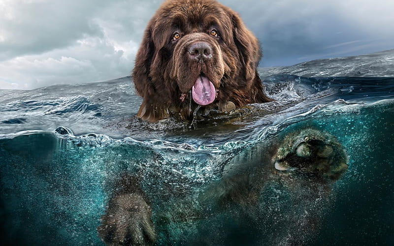 In the water, water, green, summer, newfoundland, dog, animal, sea, blue, HD wallpaper
