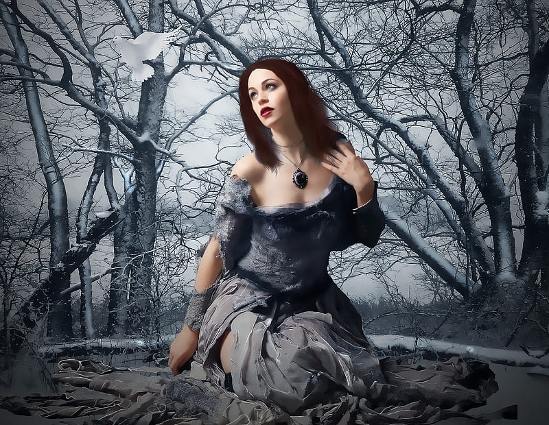 Taken Time, forest, fly, snow, time, dove, woman, HD wallpaper
