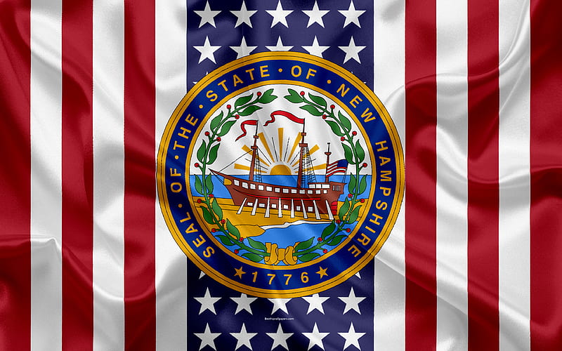 New Hampshire, USA American state, Seal of New Hampshire, silk texture, US states, emblem, states seal, American flag, HD wallpaper