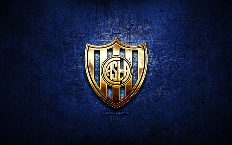 San Lorenzo FC, golden logo, Argentine Primera Division, blue abstract background, soccer, Argentinian football club, San Lorenzo logo, football, CA San Lorenzo de Almagro, Argentina, HD wallpaper