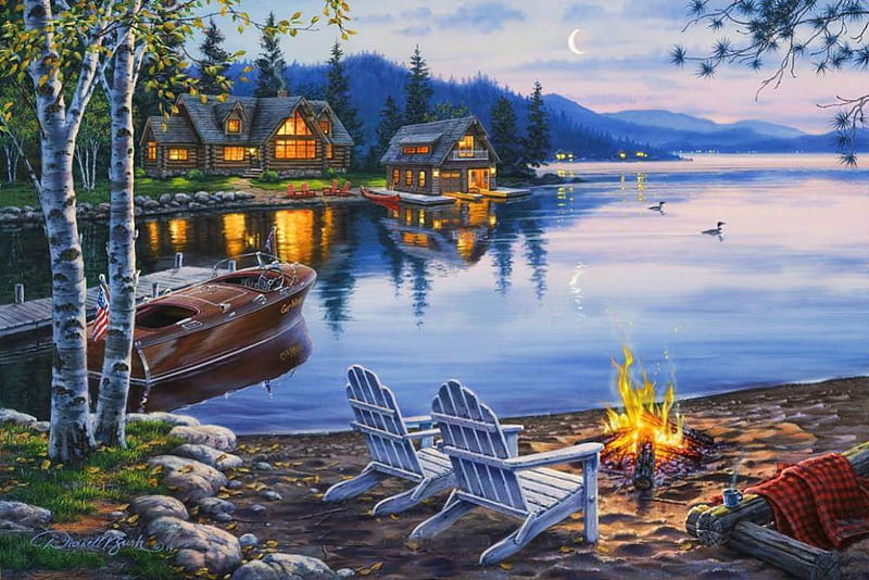 Evening at the Lake, fire, water, cottage, painting, chairs, nature, trees, artwork, HD wallpaper
