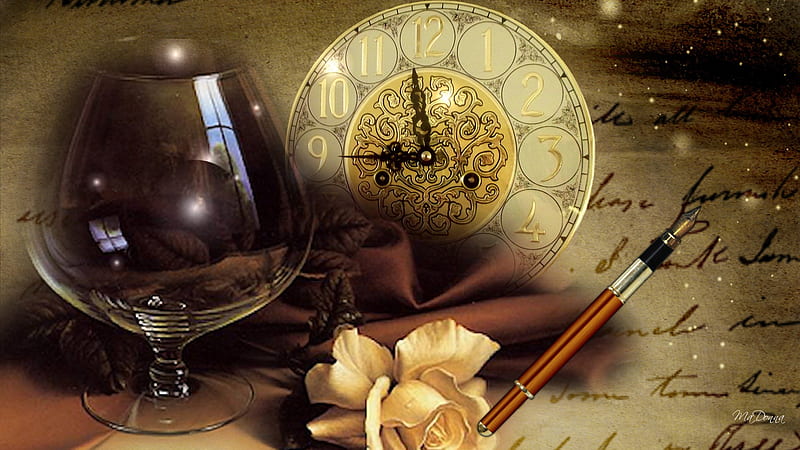 TIME, fountain pen, clock, antique, yellow rose, paper, brandy glass, writing, vintage, HD wallpaper