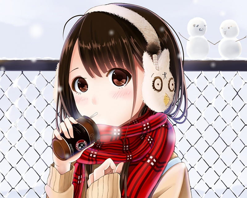Hot Choco, fence, brown, hungry, headphones, eat, cold, anime, hot, drink, anime girl, long hair, black hair, delicious, female, sexy, snowman, winter, cute, kawaii, girl, snow, eating, HD wallpaper