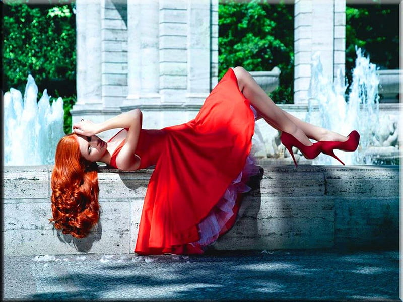 Redhead By The Fountain, pretty, female, lovely, redhead, ginger, red head, bonito, red hair, woman, sexy, women, girl, hot, beauty, lady, gorgeous, HD wallpaper