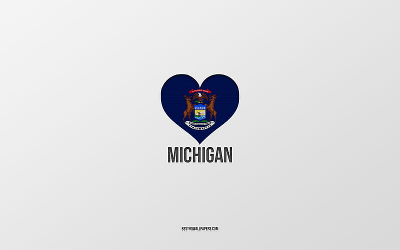 I Love Michigan, American States, gray background, Michigan State, USA, Michigan flag heart, favorite States, Love Michigan, HD wallpaper