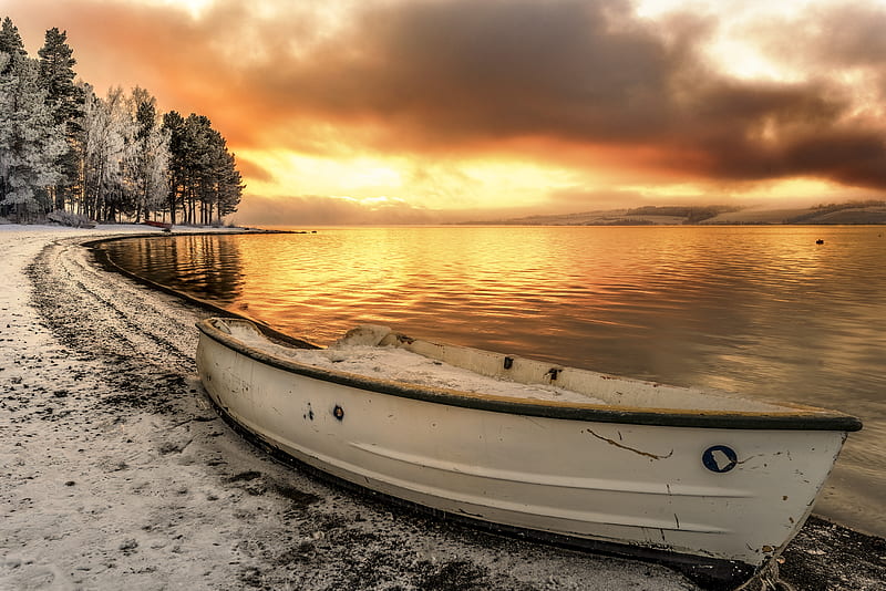 lake, boat, shore, sunset, snow, landscape, HD wallpaper