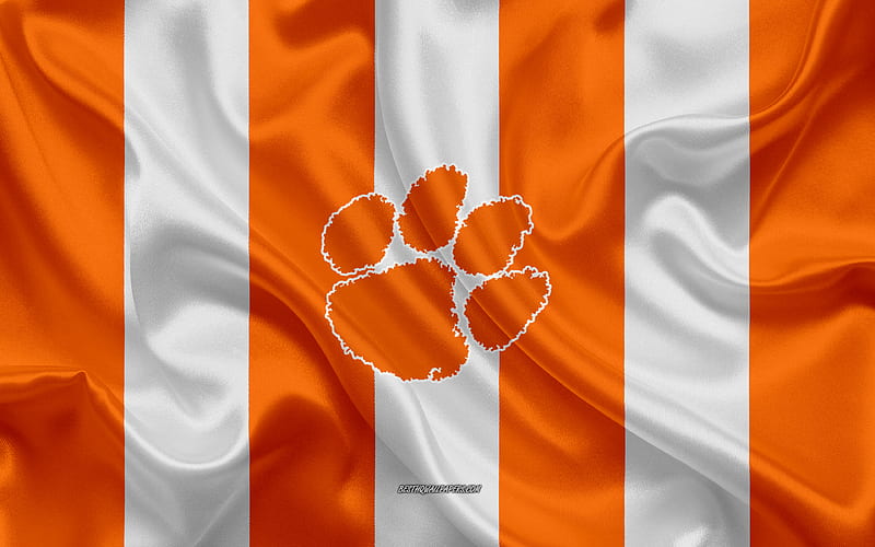 Clemson Tigers, American football team, emblem, silk flag, orange-white silk texture, NCAA, Clemson Tigers logo, Clemson, South Carolina, USA, American football, Clemson University, HD wallpaper