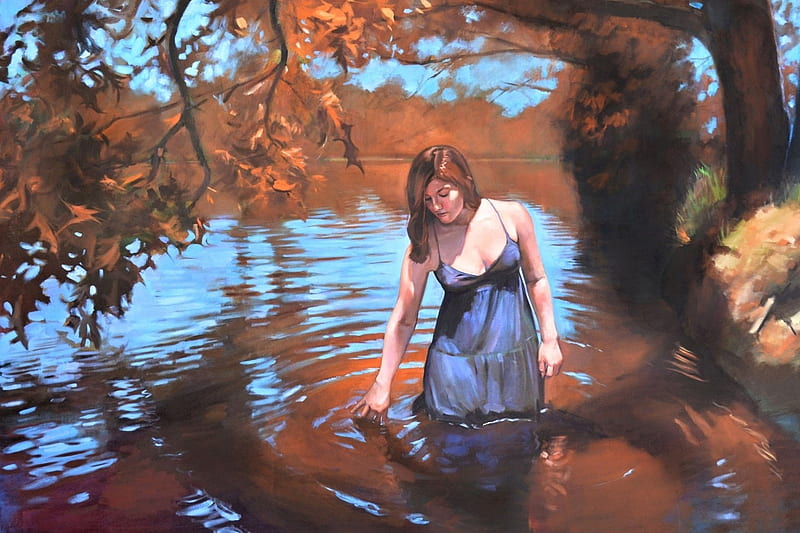 In the river, painting, oil painting, art, woman, HD wallpaper