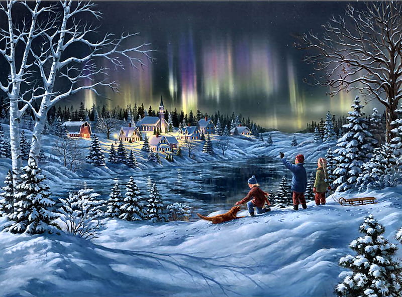 Wonder of Northern Lights F, art, bonito, illustration, artwork, winter, Aurora Borealis, forces of Nature, snow, painting, wide screen, nature, HD wallpaper