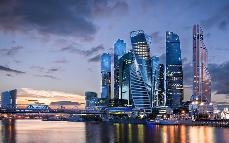 Moscow, Moscow City business district, skyscrapers, modern buildings, evening, sunset, Moscow River, Russian Federation, HD wallpaper
