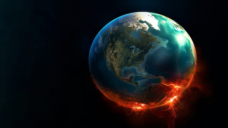Another World Lost, livingdoll, space, black, tan, destroyed, fire, flames, green, planet, white, earth, blue, HD wallpaper