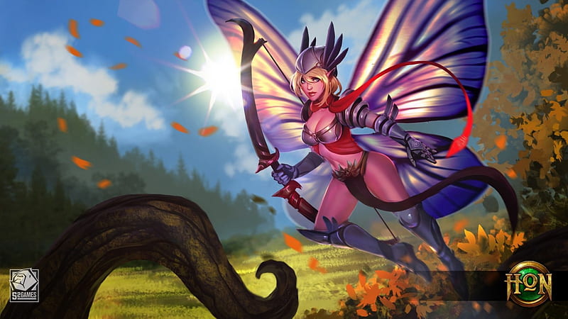 Cherub Monarch, red, art, wings, Heroes of Newerth, game, woman, fantasy, butterfly, girl, green, blue, HD wallpaper