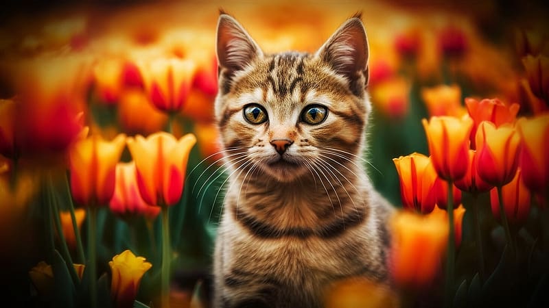 Cat, Tulips, Orange, Bokeh, Look, HD wallpaper