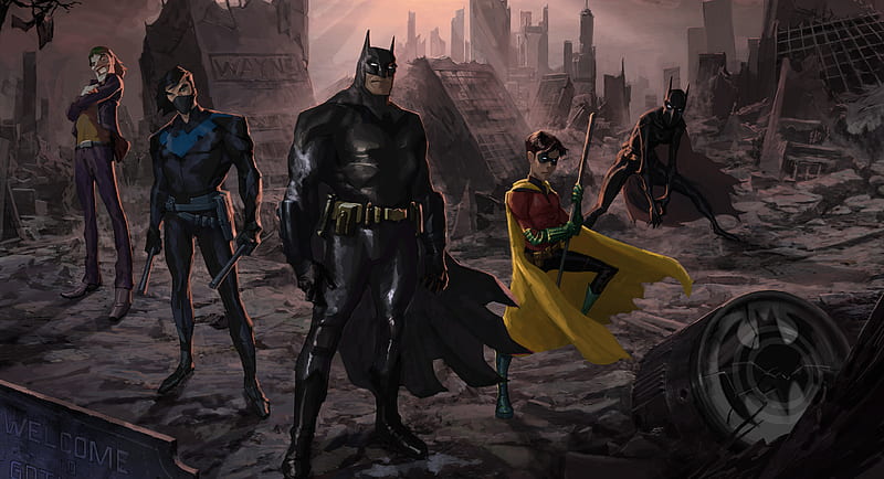 Batman And His Team Artwork, batman, artwork, artist, superheroes, robin, nightwing, joker, HD wallpaper