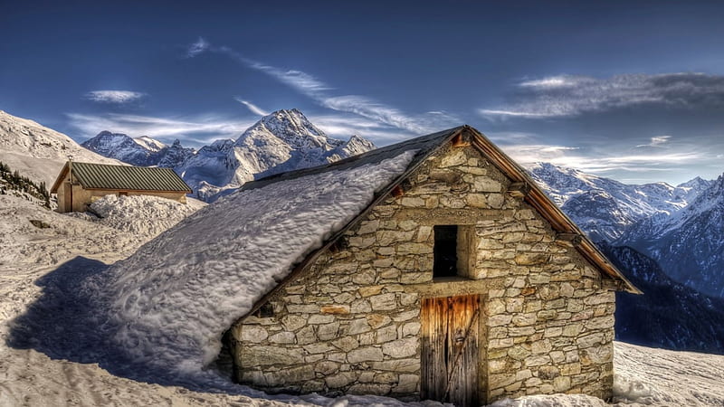 Stone Cottage in the Mountains, house, cottage, sky, door, winter, cold, mountain, stone, snow, nature, blue, HD wallpaper