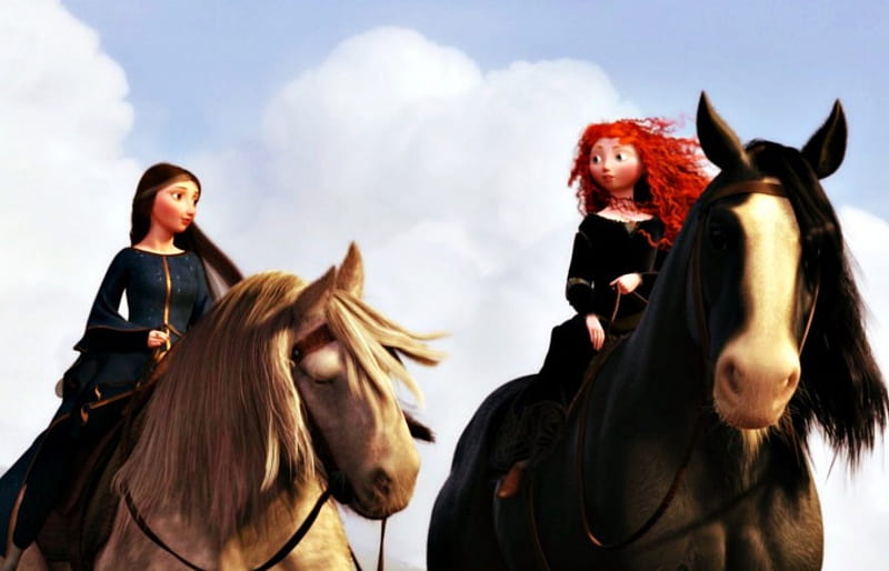 Brave (2012), cloud, movie, redhead, queen, black, brave, horse, sky, woman, animal, girl, merida, blue eyes, white, princess, blue, HD wallpaper