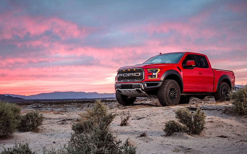 Ford F-150 Raptor, 2019, front view, exterior, sunset, evening, new red F-150, pickup truck, Ford, HD wallpaper