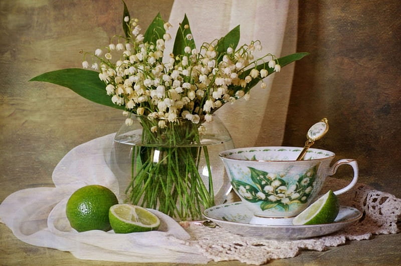 lily of the valley & teacup, still life, flowers, lily, valey, teacup, HD wallpaper
