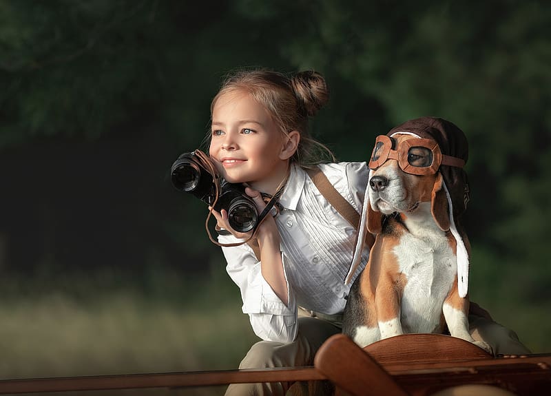 Dog, Child, , Binoculars, Beagle, Little Girl, Depth Of Field, HD wallpaper