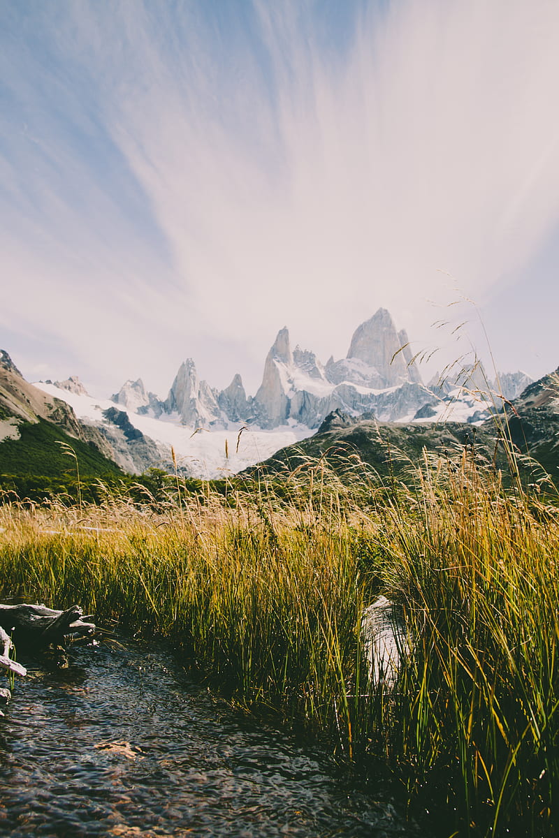 mountains, river, grass, landscape, mountain range, HD phone wallpaper