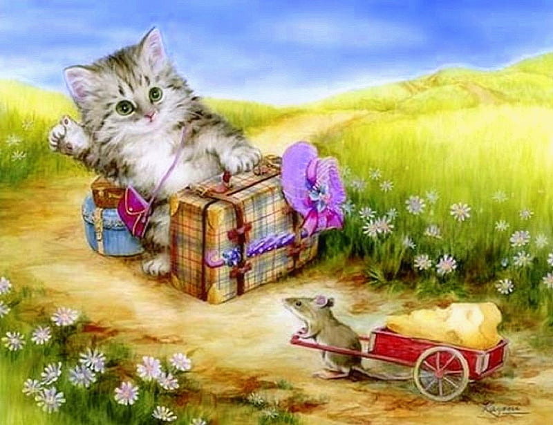..Cute Hitchhike.., pretty, draw and paint, adorable, paintings, flowers, animals, luggage, lovely, colors, love four seasons, kittens, creative pre-made, hat, cute, travels, rat, weird things people wear, cats, HD wallpaper