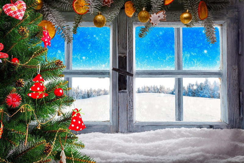 Vintage wooden window overlook winter landscape, pretty, window, view, christmas, decoration, trees, overlook, lights, winter, snow, snowfall, wooden, landscape, vintage, HD wallpaper