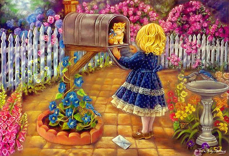 Love letter, pretty, art, fountain, lovely, mail, kitty, bonito, yard, girl, love, painting, blossoms, flowers, garden, letter, HD wallpaper