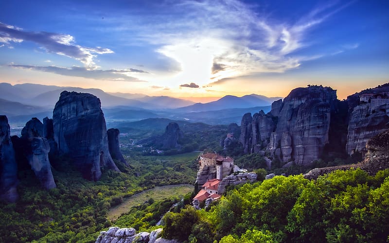 Jungle Valley Castle Sunrise Kalambaka Greece, HD wallpaper