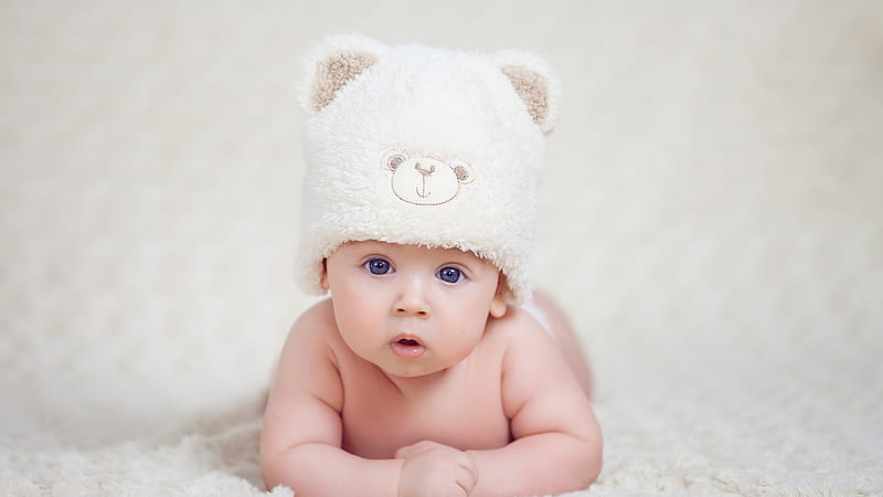 Blue Eyes Cute Baby Is Lying Down On Floor Wearing White Bunny Cap Cute, HD wallpaper