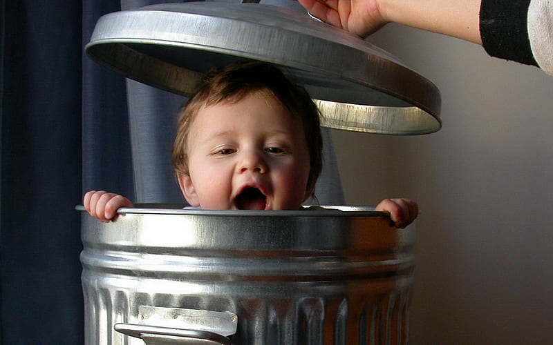 baby in a can, can, lid, baby, rubbish, HD wallpaper