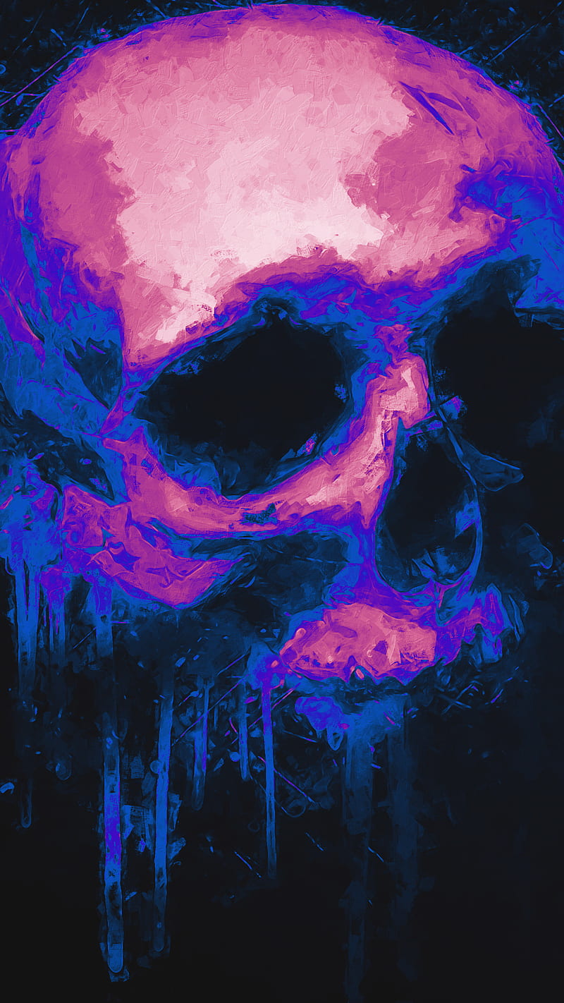 melting synth skull, abstract, art, artsy, blue, bone, creepy, death, gloomy, purple, sKulls, trippy, violet, weird, HD phone wallpaper