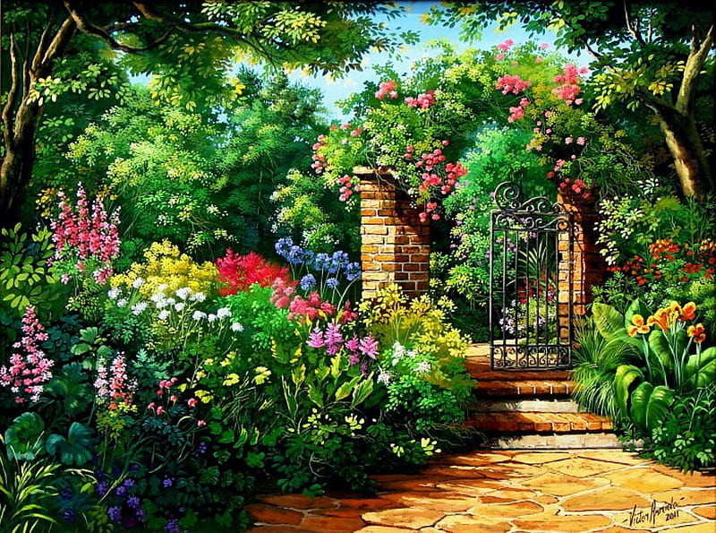 Garden Gate, painting, flowers, blossoms, path, trees, artwork, HD wallpaper