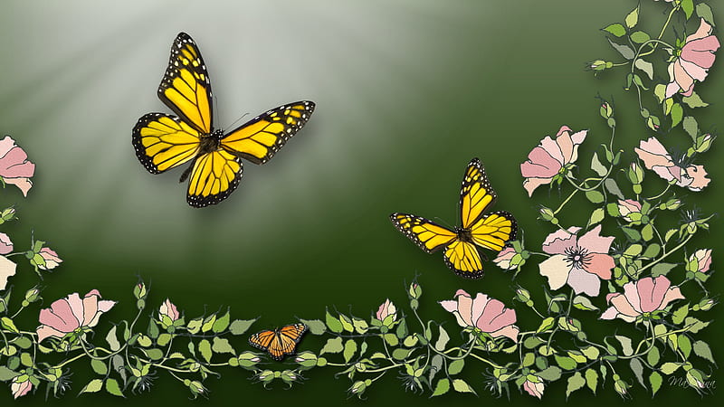 Fly Away, green shine, butterfly, vines, yellow, firefox persona, peach flowers, butterflies, HD wallpaper