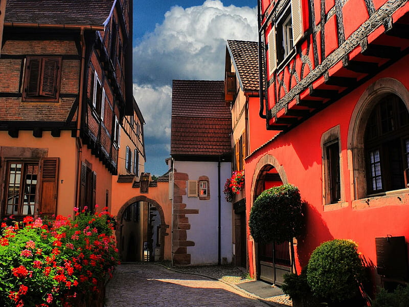 The red house in Ribeauville Alsace, ribeauville alsace, red house, HD wallpaper