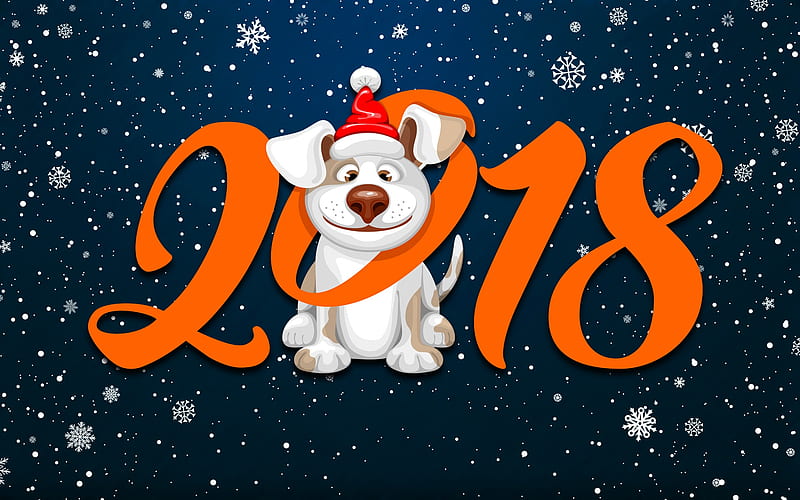 Happy New Year 2018, dog, snowflakes, year of dog, Christmas 2018, creative, New Year 2018, xmas, Christmas, HD wallpaper