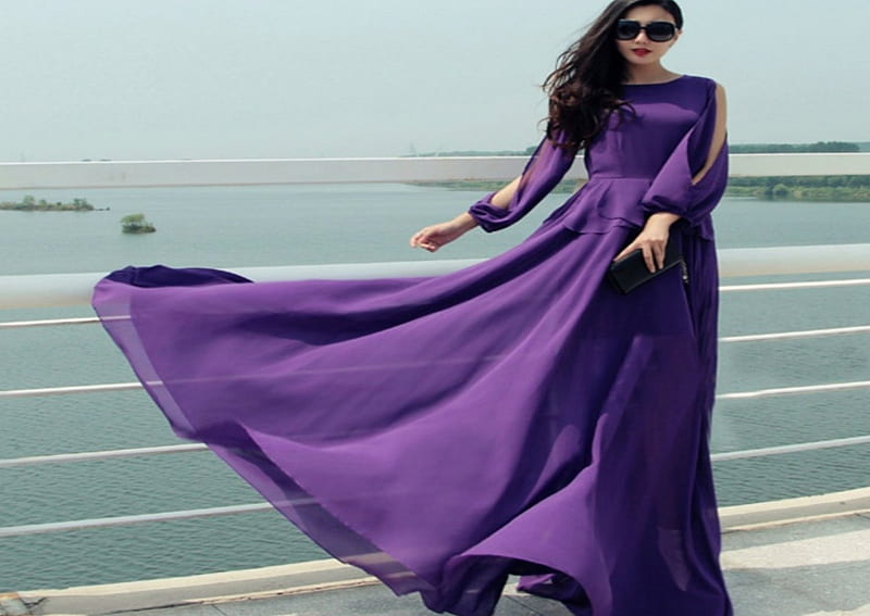 ~ Purple Breeze Beauty ~, Purple, female, Dress, sea, HD wallpaper | Peakpx