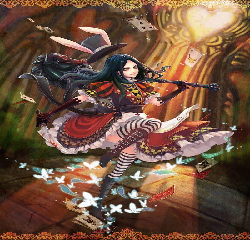 Alice Madness Returns, reed, dress, madness, mallet, anime, beauty, long hair, blue, art, lovely, black, butterflies, horse, soxs, girl, cards, lady, white, HD wallpaper