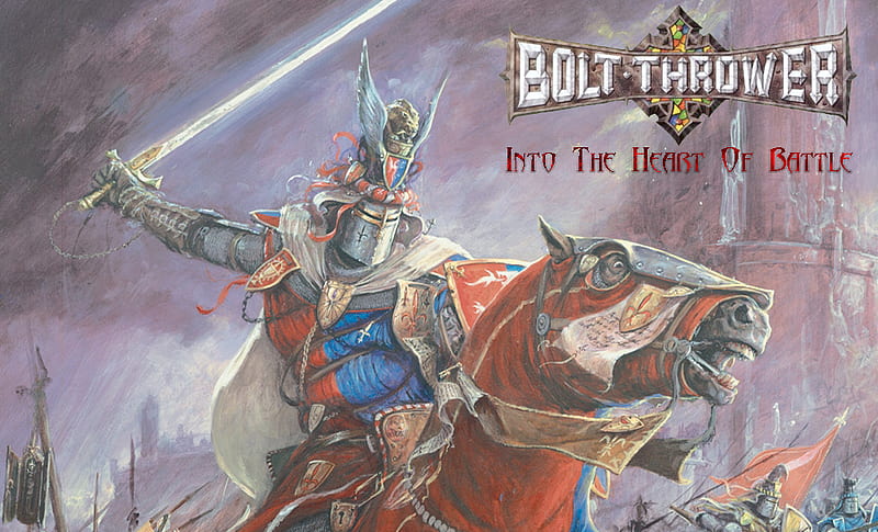 Bolt Thrower - Into the heart of battle, guerra, death, bolt, band, thrower, horse, metal, battle, logo, heart, knight, HD wallpaper