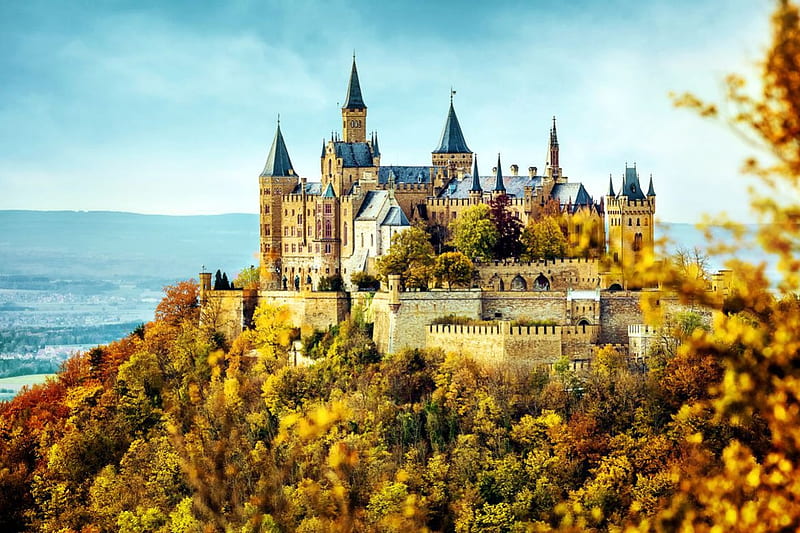 Castle Hohenzollern, Germany, building, mountain, autumn, walls, towers, impressive, trees, HD wallpaper