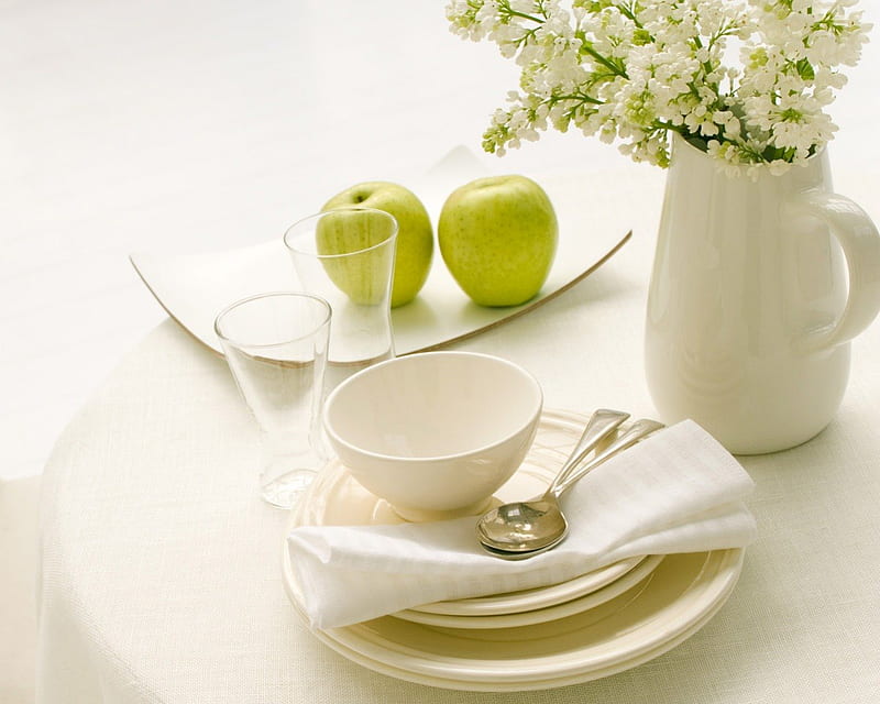 Home style, green apple, saucers, table settings, flowers, plate, bowl, HD wallpaper