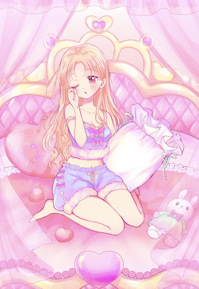 girl, pajamas, bed, anime, art, HD phone wallpaper