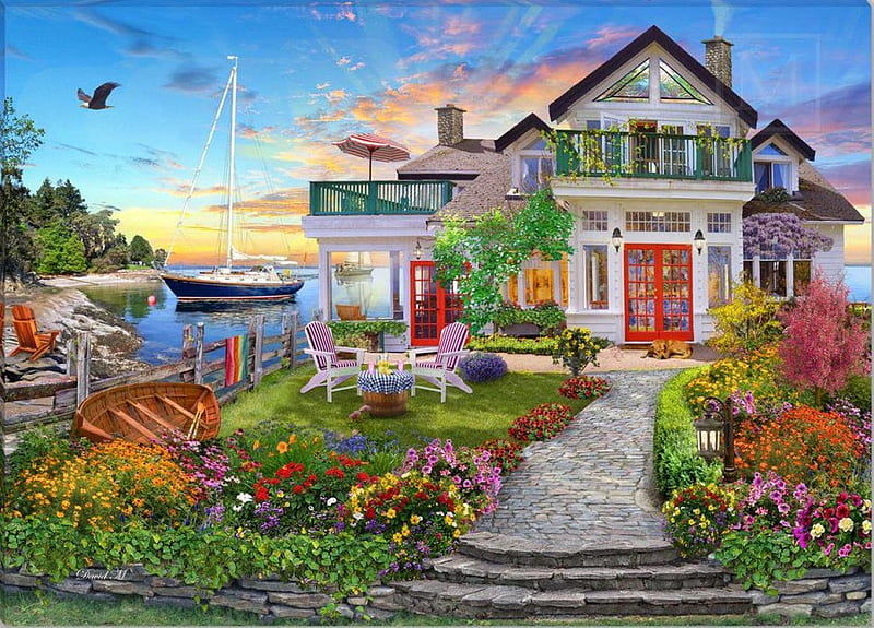 Coastal Life, boat, water, cottage, painting, garden, flowers, dog, artwork, HD wallpaper