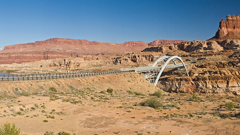 bridge in a desert, highway, river, desert, bridge, HD wallpaper