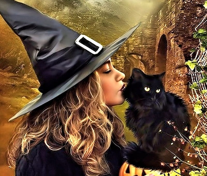 Witch with black Cat, pretty, Halloween, Witch, Cat, HD wallpaper | Peakpx