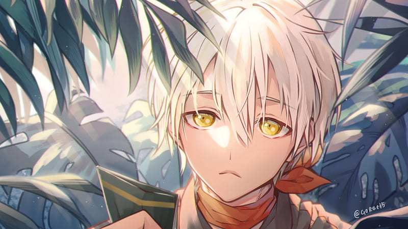 anime guy with white hair and yellow eyes