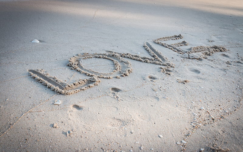 word love in the sand, beach, sand, love texture, summer, HD wallpaper