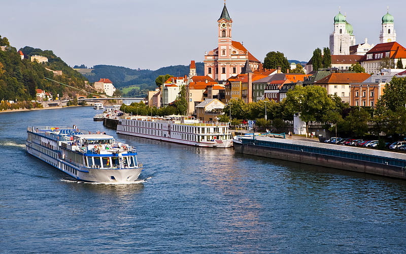 St Stephens Cathedral, Passau, Roman Catholic, white boat, Danube, Passau cityscape, Germany, HD wallpaper