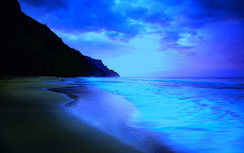 beach at night, mountain, beach, sand, shoreline, blue sky, clouds, sea, night, HD wallpaper