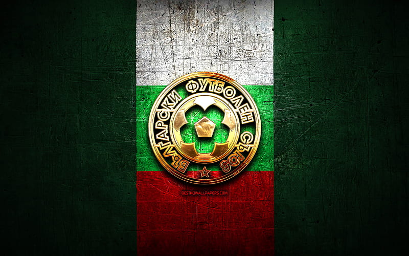 Bulgaria National Football Team, golden logo, Europe, UEFA, green metal background, Bulgarian football team, soccer, BFU logo, football, Bulgaria, HD wallpaper