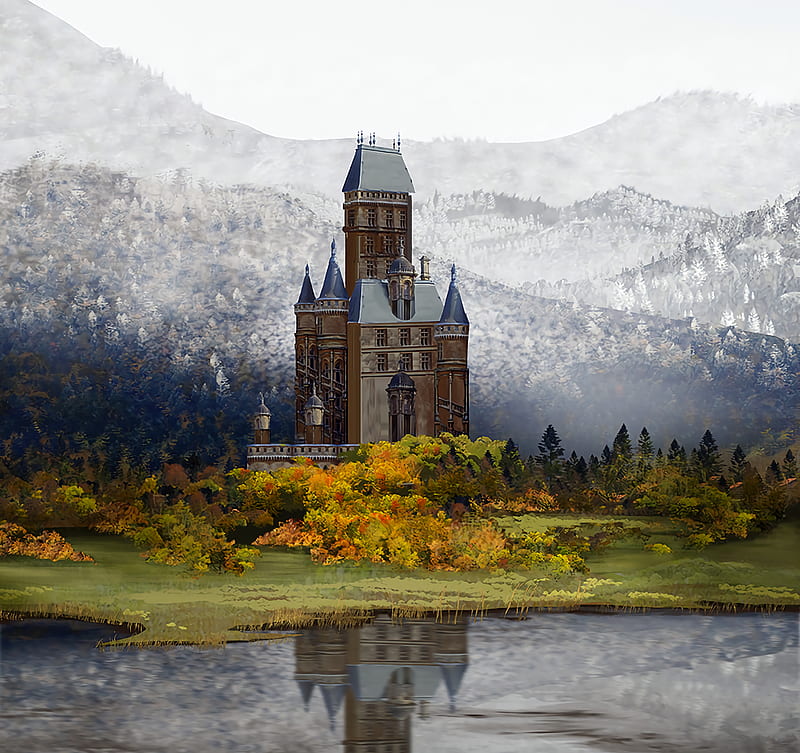 castle, landscape, art, autumn, HD wallpaper